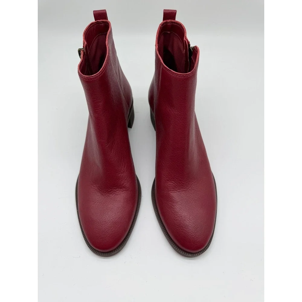 Copper Key Red Leather Ankle Boots Side Zip‎ Block Heel Almond Toe Womens 7.5M